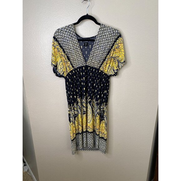 Joei & I Womens V-Neck Short Sleeve Printed Black Yellow Midi Dress M Polyester - Picture 1 of 6